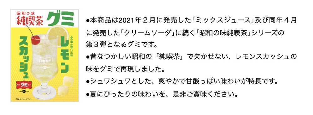 ●本商品は2021年２月に発売した｢ミックスジュース｣及び同年４月に発売した｢クリームソーダ｣に続く｢昭和の味純喫茶｣シリーズの第３弾となるグミです。●昔なつかしい昭和の「純喫茶」で欠かせない、レモンスカッシュの味をグミで再現しました。●シュワシュワとした、爽やかで甘酸っぱい味わいが特長
