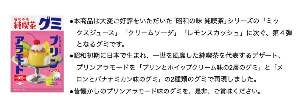 株式会社ジェイアール西日本デイリーサービスネット、株式会社ジェイアールサービスネット金沢、株式会社ジェイアールサービスネット岡山、株式会社ジェイアールサービスネット広島、 株式会社ジェイアールサービスネット福岡、ＪＲ西日本山陰開発株式会社は、「昭和の味 純喫茶グミプリンアラモード」を、ＪＲ西日本エリアの駅ナカにある「セブン‐イレブン ハートイン」や、「セブン‐イレブン キヨスク」等の店舗にて先行発売いたします。